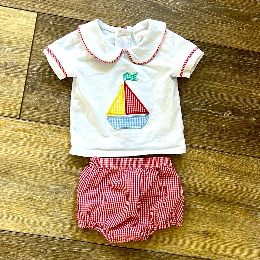 Stitchy Fish Smocked sailboat shirt and bloomers